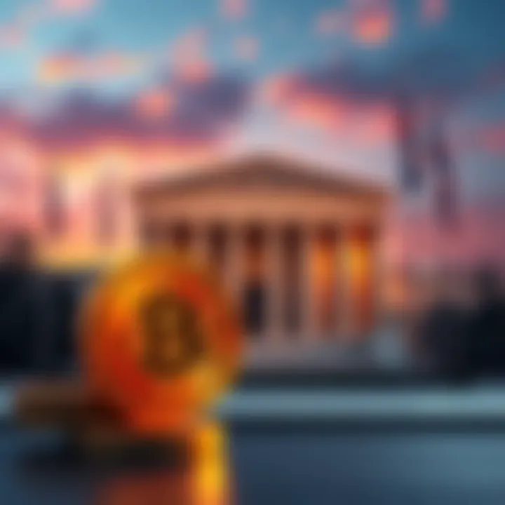 Supreme Court building with flags in front and a Bitcoin symbol in the foreground, illustrating the contrast between trade policy and cryptocurrency movement.