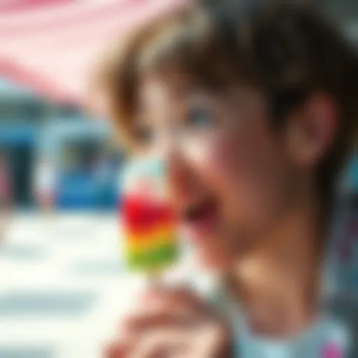 A person joyfully looking at a colorful popsicle, showing surprise and delight during summer