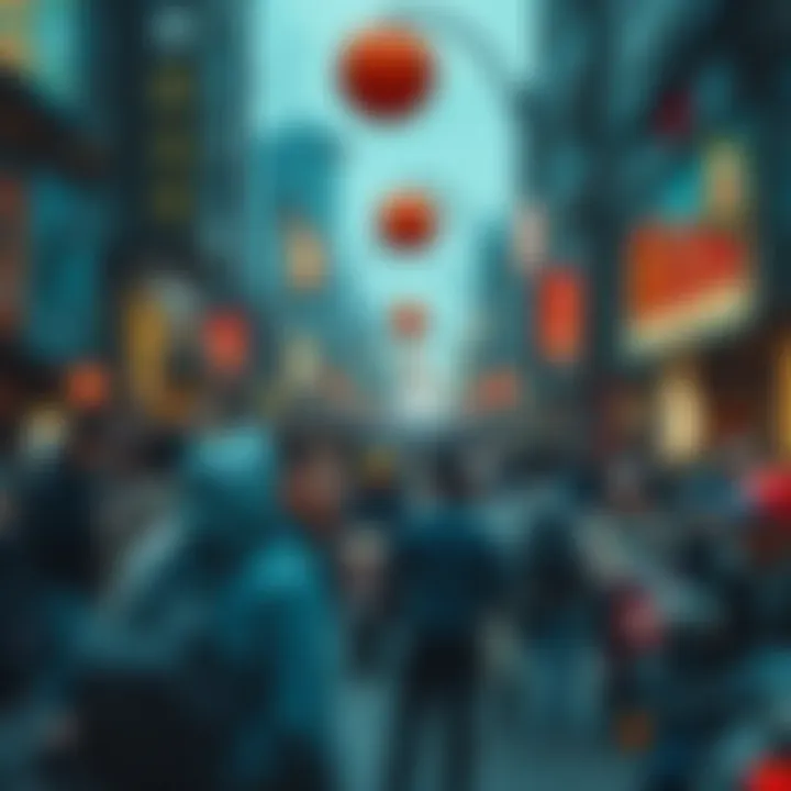 A crowded street filled with people engaging in unusual activities, showcasing the absurdity of daily life.