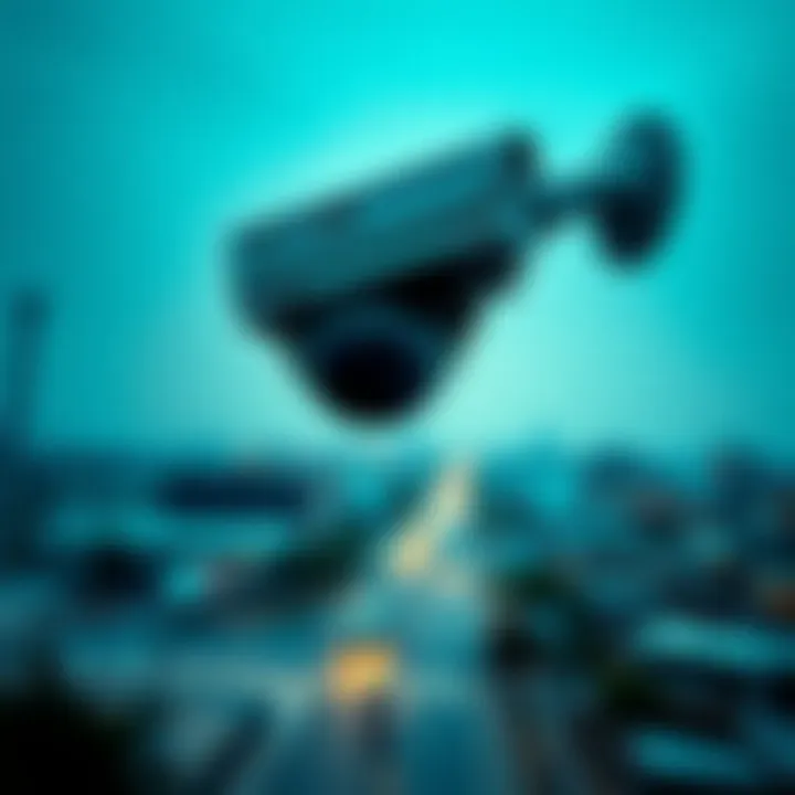 Surveillance Camera Overlooking Streets in Iran A surveillance camera mounted on a street pole watching over an empty street with a cityscape in the background, symbolizing state control and monitoring in Iran.