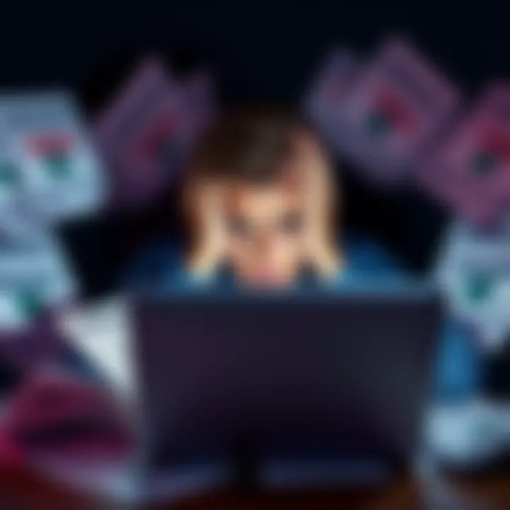 Survey Bans Impact A person looking frustrated while using a laptop, surrounded by survey forms and a cash withdrawal symbol, representing the consequences of honesty in surveys.