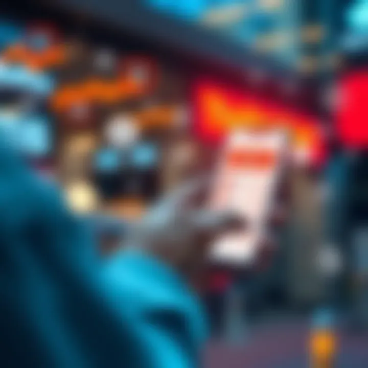 A person using a smartphone to take a survey about neobanks and traditional banking, with financial icons around them.