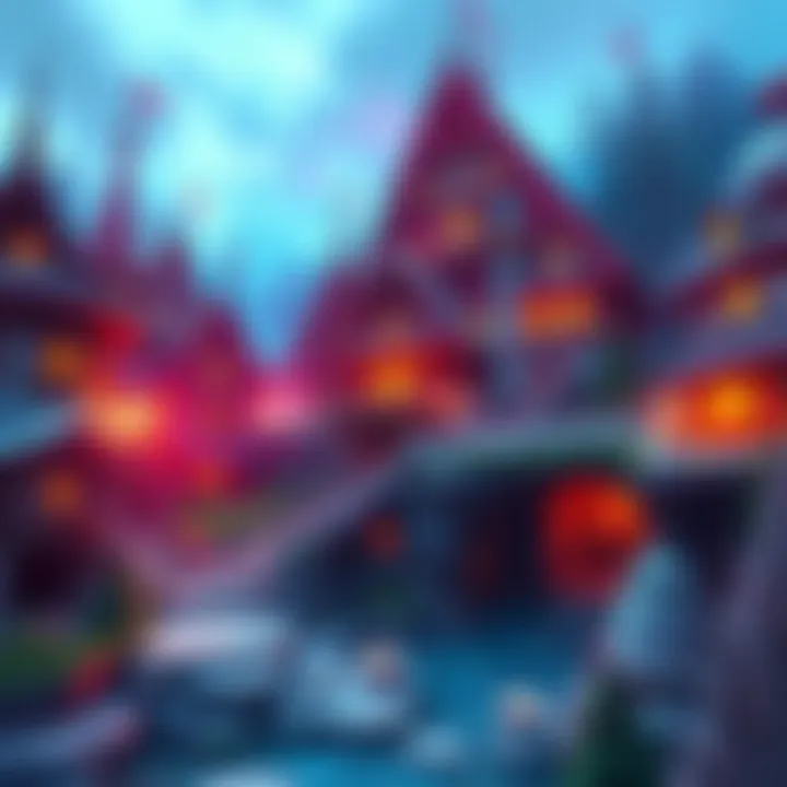 A vibrant village with unique houses and an underground structure, showcasing creative survival designs.