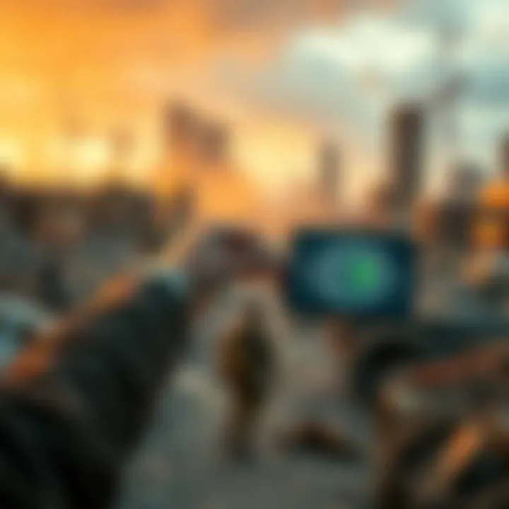 A person holding a crypto wallet in a ruined city Survivor in a post-apocalyptic setting holds a digital crypto wallet while surrounded by destruction