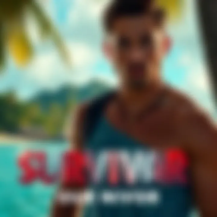 A promotional image of Russell in the Survivor Samoa ad, showcasing a tropical island background with intense competition vibes