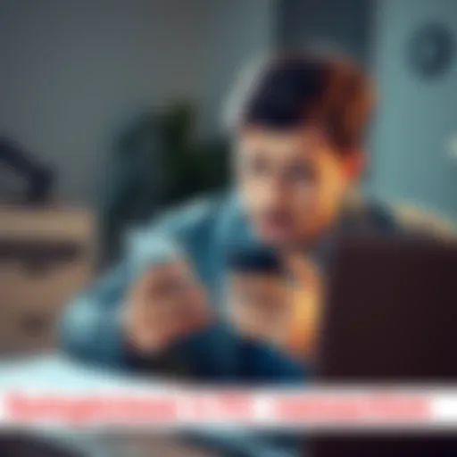 A frustrated person looking at their phone with a worried expression after a Litecoin transaction gets flagged. They are surrounded by financial documents and a laptop.