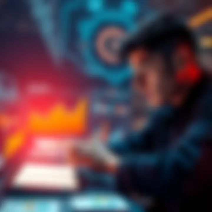 A person working on a digital tablet analyzing DeFi project data, surrounded by charts and graphs representing tokenomics, with a thoughtful expression.