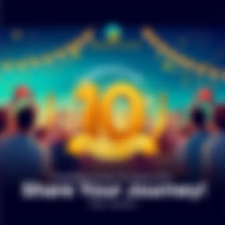 A festive graphic showing people sharing stories and celebrating, with a colorful background and the Sweatcoin logo.