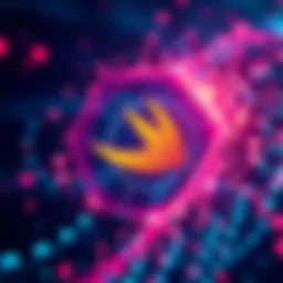 A digital representation of blockchain technology with Swift's logo, symbolizing innovation in financial transactions