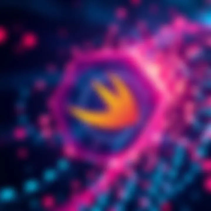 A digital representation of blockchain technology with Swift's logo, symbolizing innovation in financial transactions