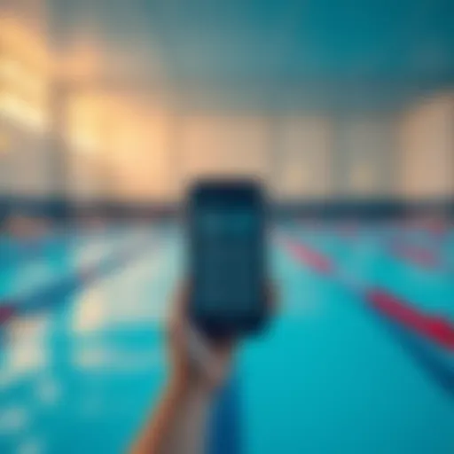 A smartphone displaying a mobile app for monitoring a swimming pool's activities with blue water in the background