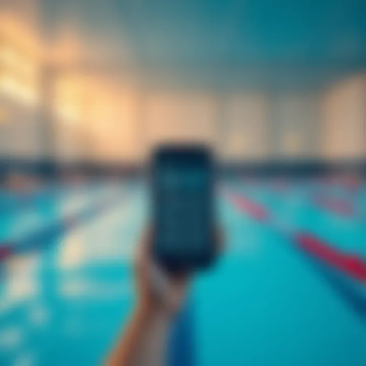 A smartphone displaying a mobile app for monitoring a swimming pool's activities with blue water in the background