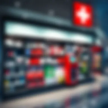 A display of new and unique products available at a Swiss post office, showcasing various items for customers.