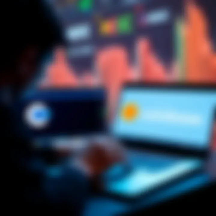 A person comparing two crypto trading platforms on a laptop, showing Coinbase and MEXC logos on the screen.