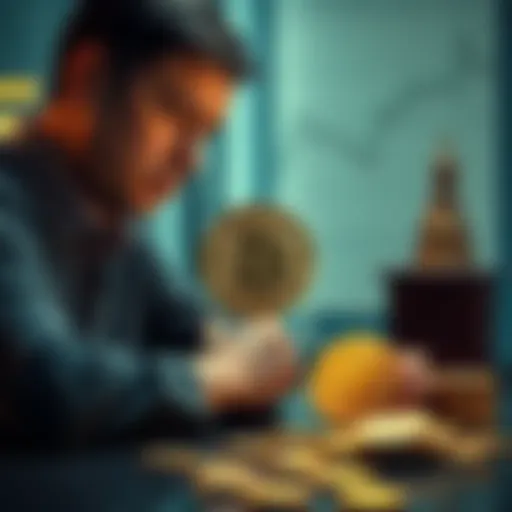 A person contemplating a switch from Bitcoin to gold and silver, surrounded by symbols of both investments; a Bitcoin logo and gold and silver coins on a table.