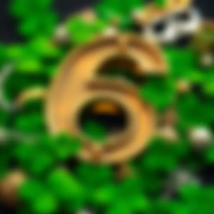 Symbol of luck with number 6 A close-up of the number 6 surrounded by four-leaf clovers and lucky charms, representing cultural beliefs about luck.