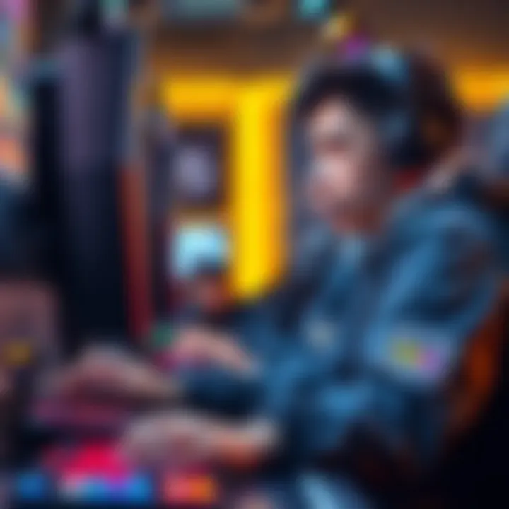 TAE, a skilled player, intensely focused while competing in a North American minigame tournament, surrounded by a colorful gaming setup.