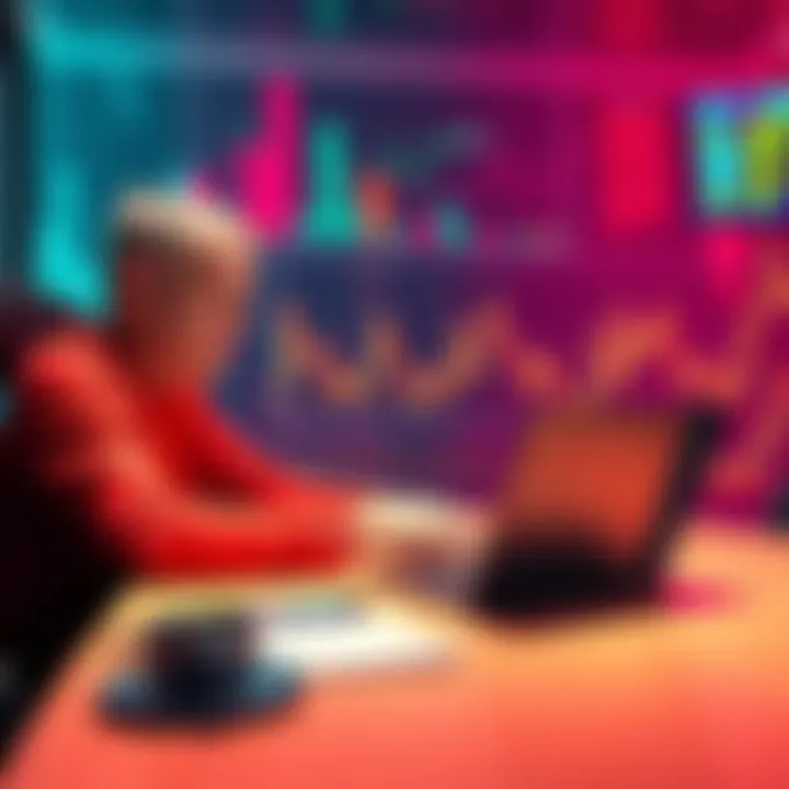 Talking about Bitcoin A person sitting at a table discussing Bitcoin with charts and data on a laptop