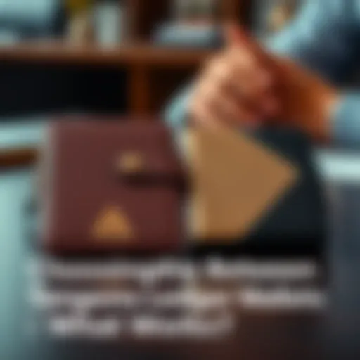 A close-up of Tangem and Ledger wallets side by side on a table, showing their sleek designs and features, with a person considering which one to choose for securing cryptocurrency.