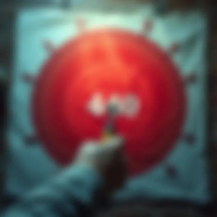 A person aiming at a large target labeled 440 with arrows around it, representing decision-making and goal-setting.