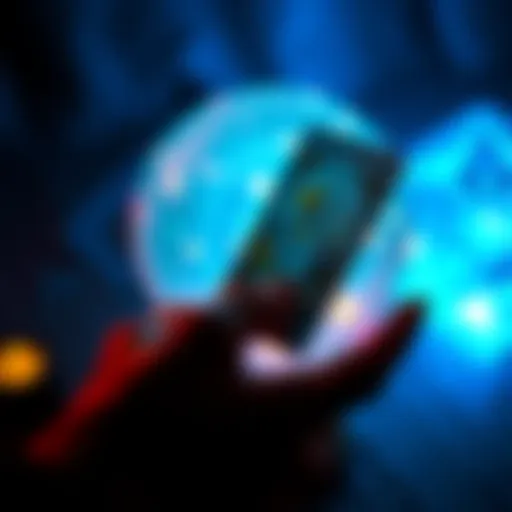 A hand holding a tarot card with a glowing crystal ball in the background, symbolizing fortune telling.