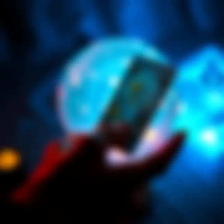 Tarot Reading Session A hand holding a tarot card with a glowing crystal ball in the background, symbolizing fortune telling.