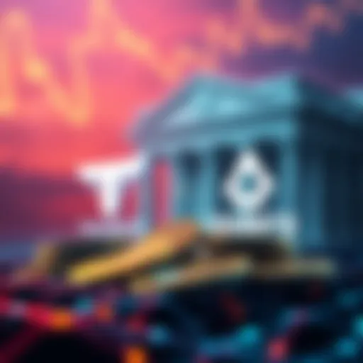 Graphic showing Taurus logo and Hedera logo with digital banking elements like tokens and a bank building, symbolizing integrated services.