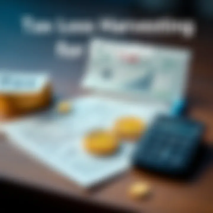 Graphic showing tax-related documents, cryptocurrency icons, and a calculator, illustrating tax-loss harvesting for crypto.