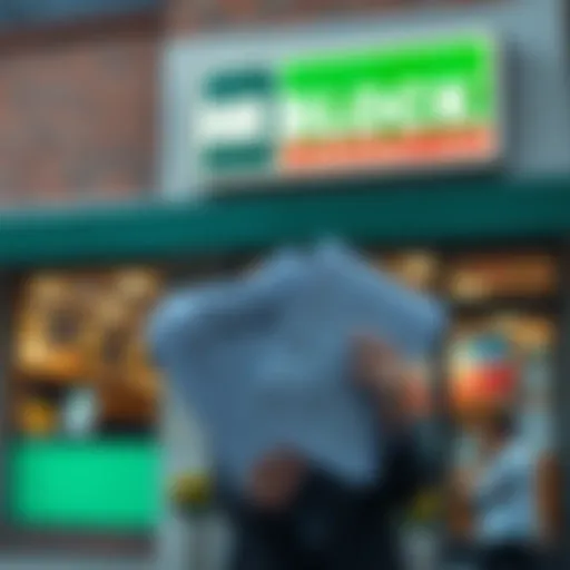 A person holding tax forms and paperwork in front of H&R Block office, preparing for tax filing.