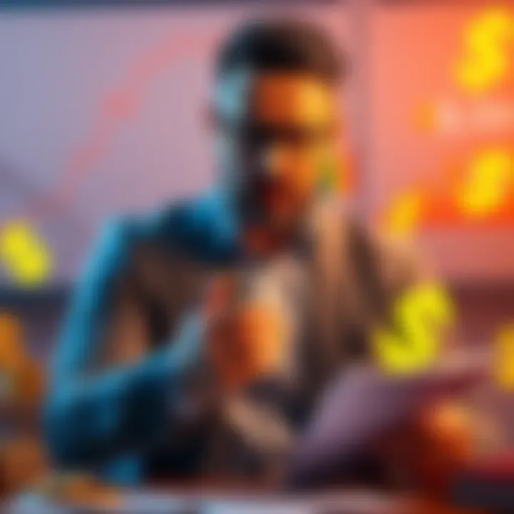 A tax accountant discussing cryptocurrency valuations with a concerned expression, surrounded by charts and dollar signs