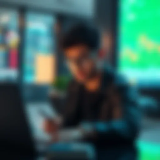 A person analyzing financial records with a laptop while trading SOL using a Phantom wallet.