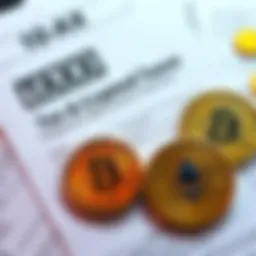 A flat lay of tax documents, including a 1099-DA form from Coinbase, next to cryptocurrency symbols like Bitcoin and Ethereum