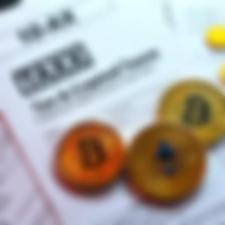 A flat lay of tax documents, including a 1099-DA form from Coinbase, next to cryptocurrency symbols like Bitcoin and Ethereum