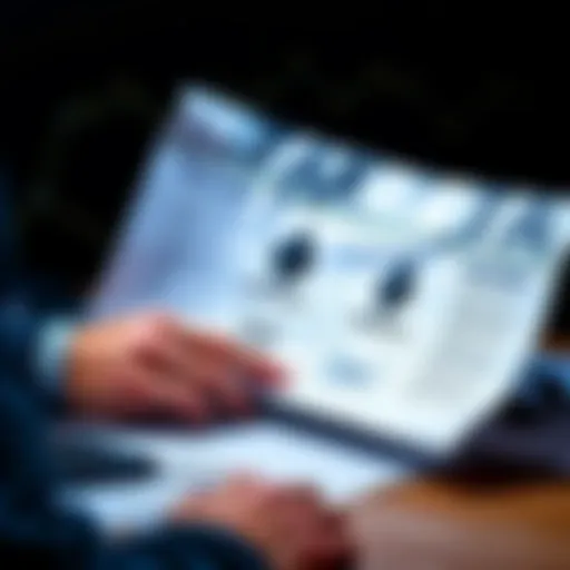 Individual looking at tax paperwork with Ethereum logos and a calculator on the desk