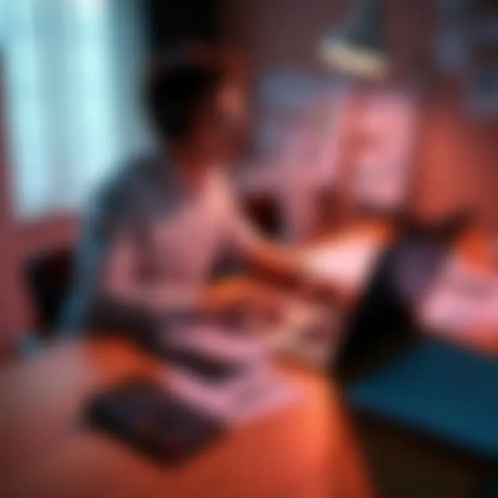 A person sitting at a desk with a laptop open, reviewing 1099-DA tax forms from Cashapp and PayPal, surrounded by paperwork and a calculator.