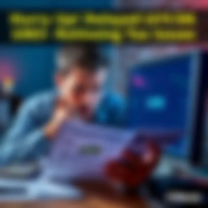 A frustrated person looking at tax documents with a computer showing a loading screen, symbolizing delays in receiving 1099 DA forms for tax preparation.