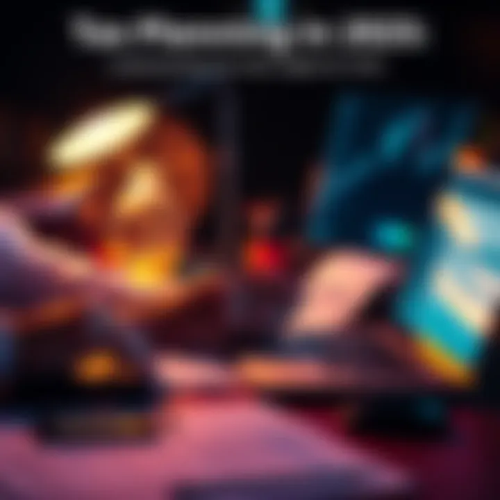 A person reviewing tax documents and financial plans with a calculator and a laptop on a desk.