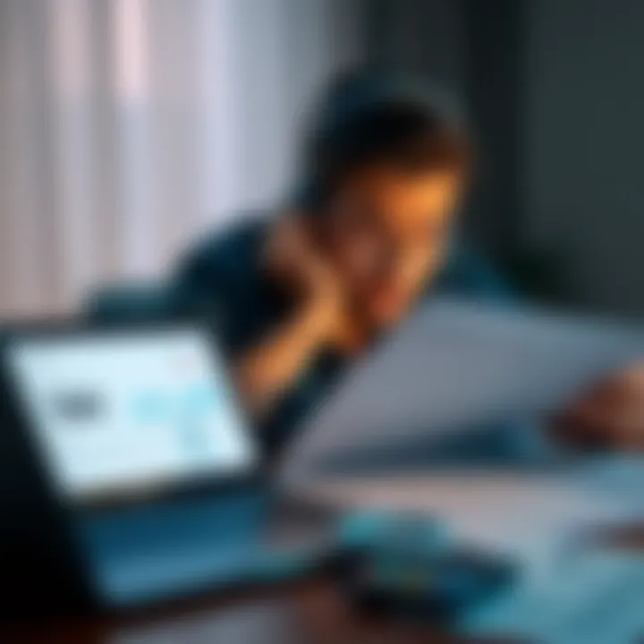 A person looks frustrated while reviewing financial documents related to crypto trading losses, with a laptop and tax forms on the table.