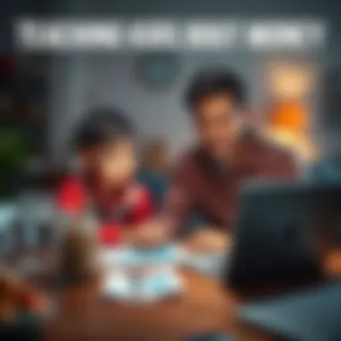 Teaching Kids About Money A parent and child sitting at a table, looking at a laptop with graphs and savings jars, discussing money management and digital transactions.