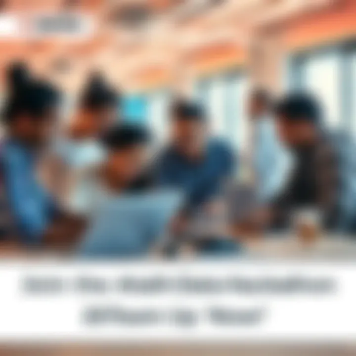 A diverse group of people working together on laptops in a bright office space, brainstorming ideas for a hackathon.