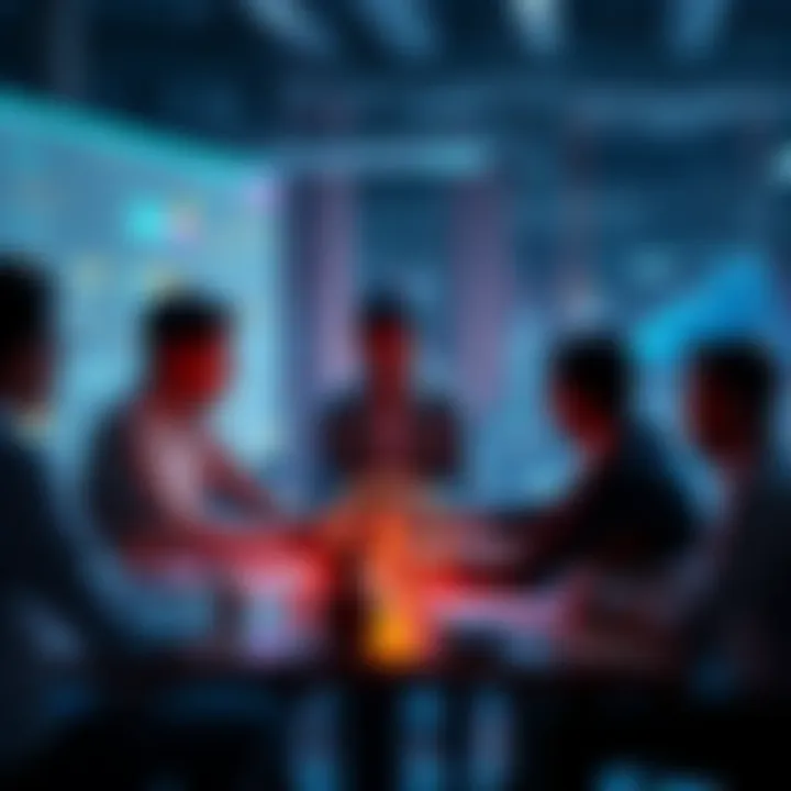 A group of professionals collaborating around a table, discussing strategies for effective governance in enterprise blockchain projects.