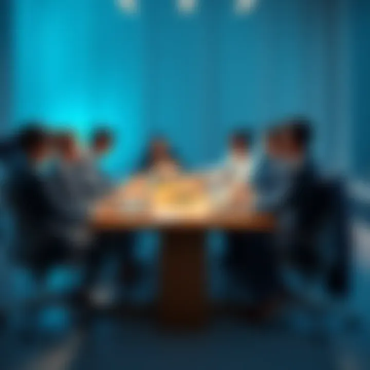 A group of people in business attire debating around a table about hiring decisions, with papers and laptops in front of them.