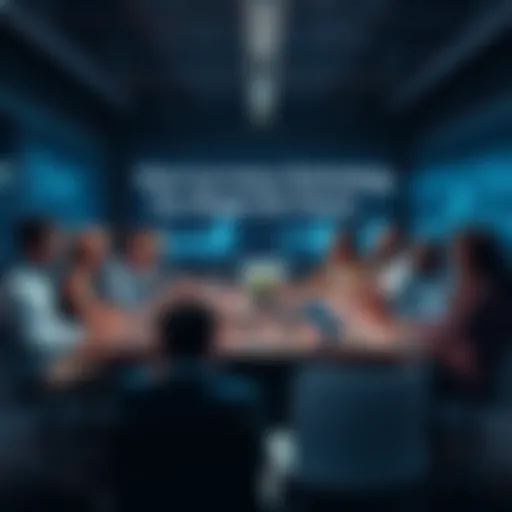 A diverse group of people discussing cryptocurrency technology at a conference table, with laptops and charts in the background