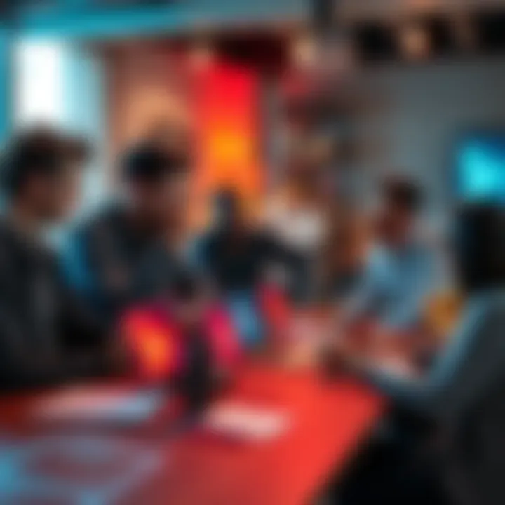 A group of people gathered around a table discussing project ideas for a hackathon, with a laptop and notepad in front of them.