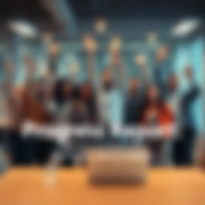 Team Celebrating Success A diverse group of people cheering and celebrating in an office, showing excitement for future achievements.