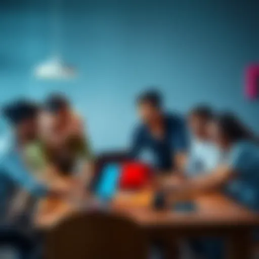 A group of diverse developers working together at a table with laptops, brainstorming ideas for a hackathon project.