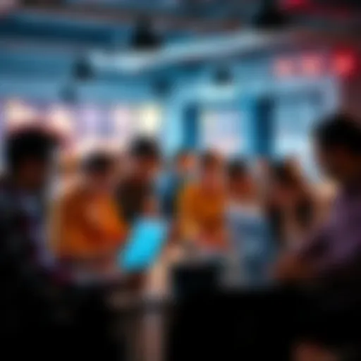 A diverse group of people collaborating at a hackathon, sharing ideas and working on laptops in a lively environment.