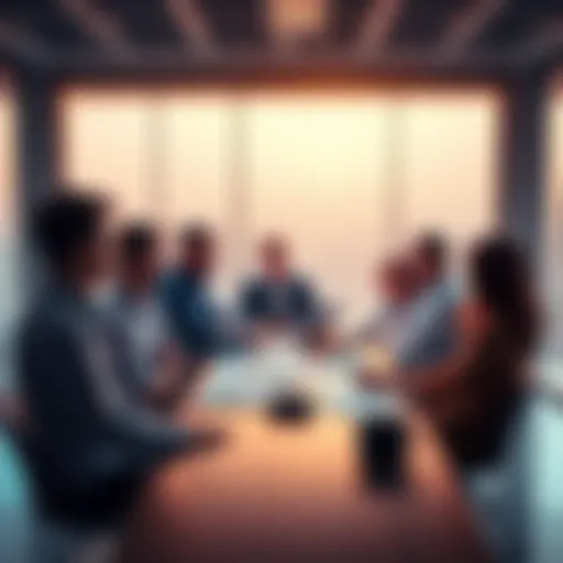 A group of people in a meeting room discussing various ongoing projects with charts and notes on a table