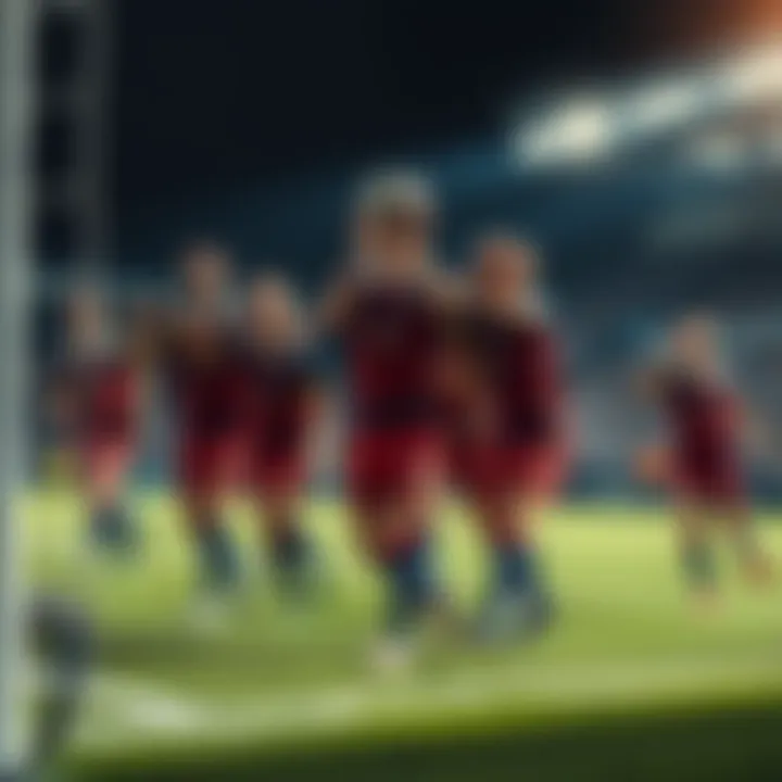 A soccer team celebrating after a goal during a match, showing excitement and determination as they aim for victory.