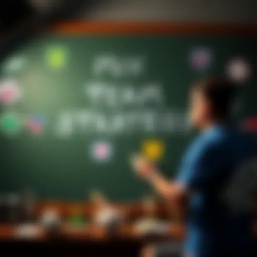 A sports player analyzing offense and defense strategies on a chalkboard with team logos around